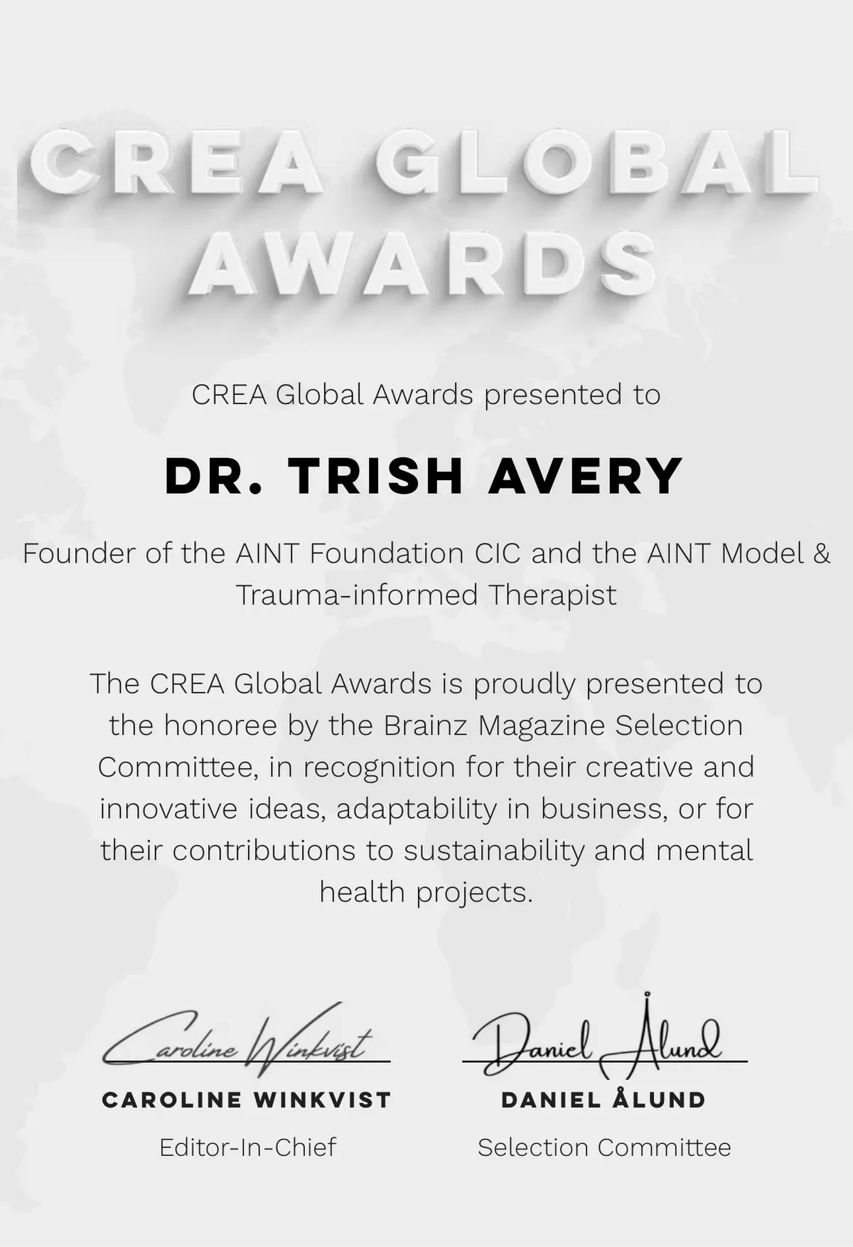 CREA Global Awards 2026 certificate presented to Dr Trish Avery, Founder of AINT Foundation CIC